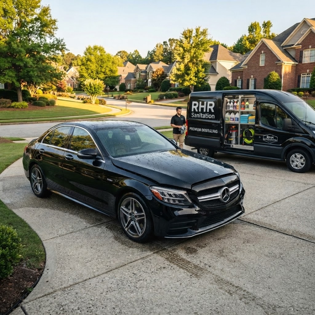 Glossy car being professionally detailed