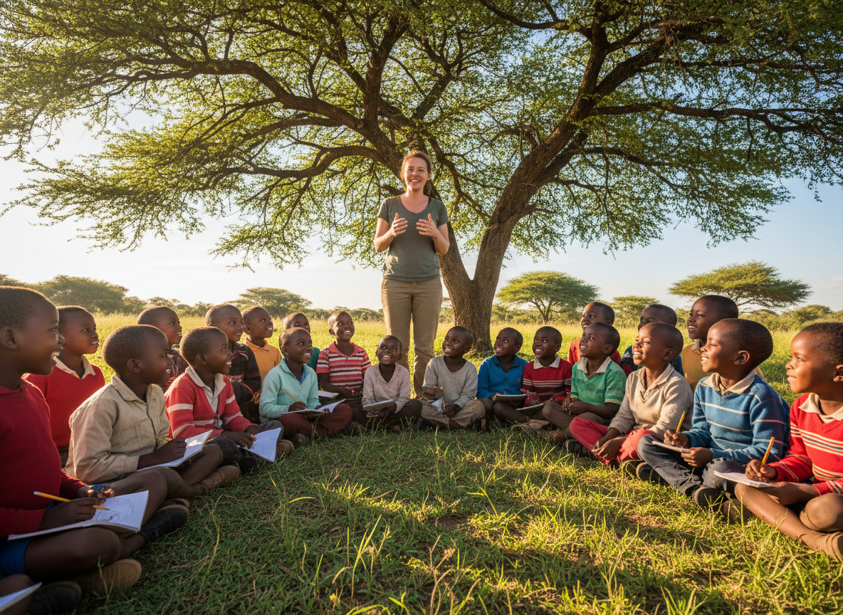 Community educator teaching children under a tree