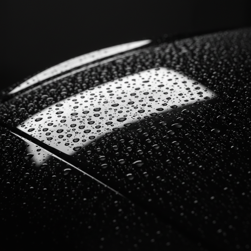 System X ceramic coating water beading on a glossy black car hood