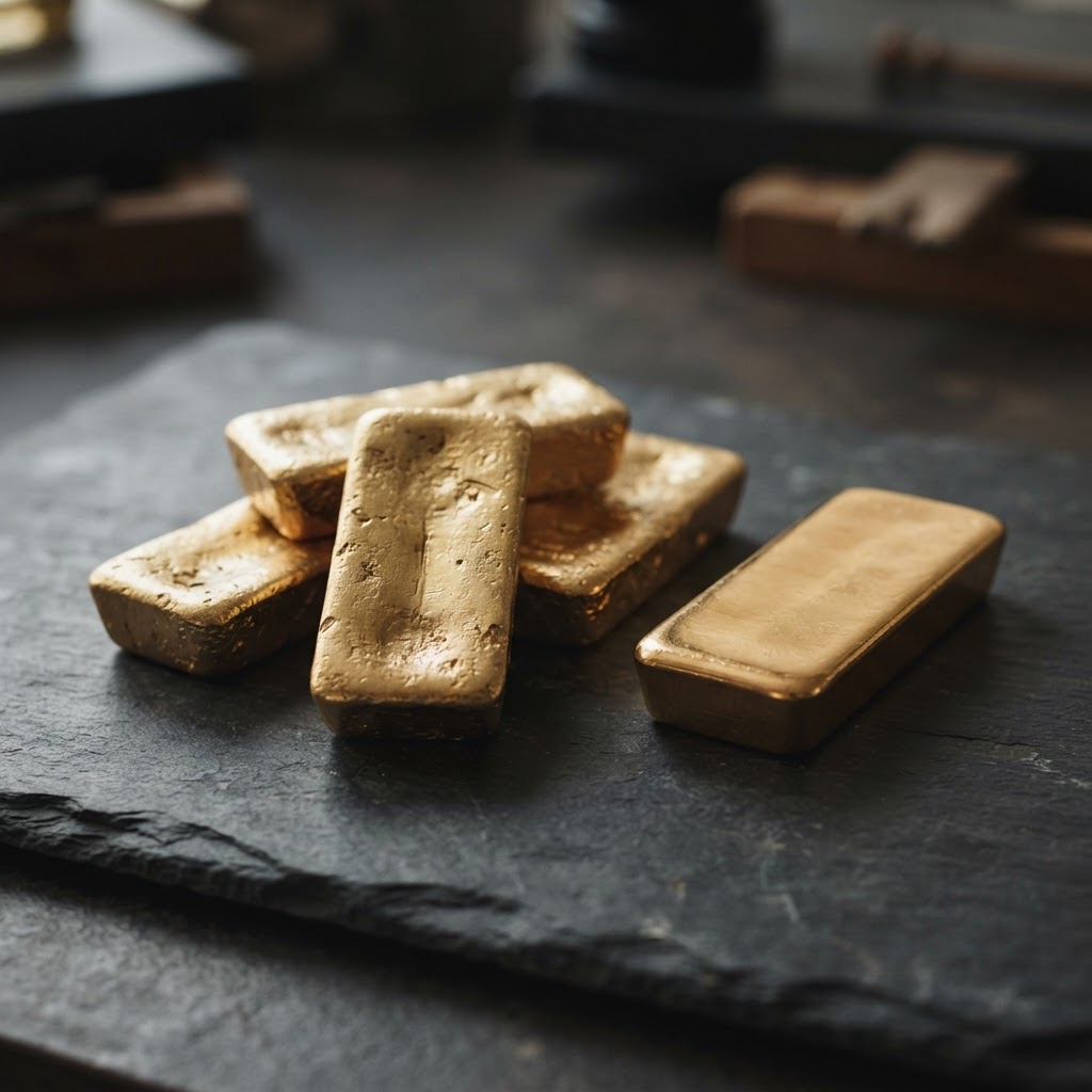 Poured gold doré bars and a cast gold bullion bar on a dark surface