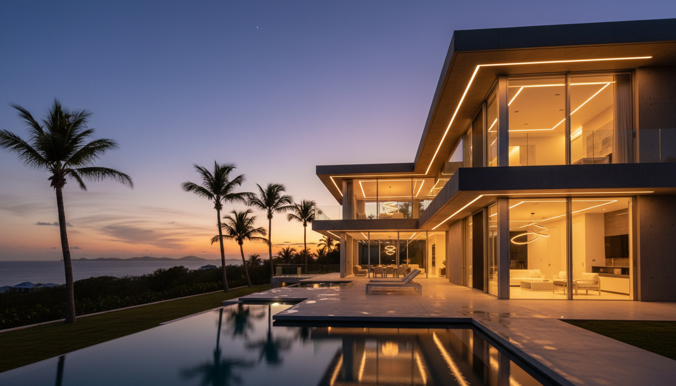 Modern villa with electrical lighting