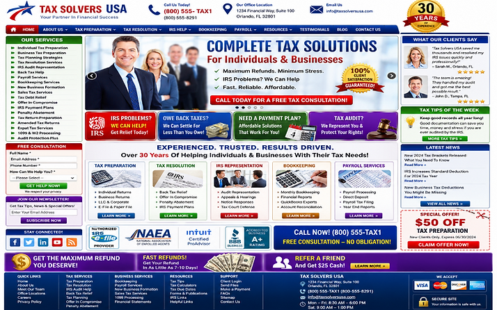 Example of a cluttered, unfocused small business page with competing calls to action