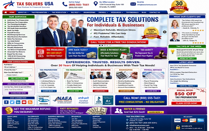 Example of a cluttered, unfocused small business page with competing calls to action