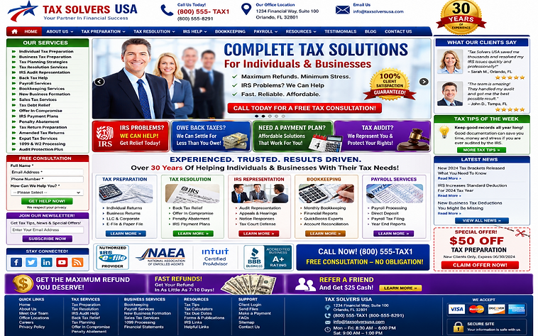 Example of a cluttered, unfocused small business page with competing calls to action