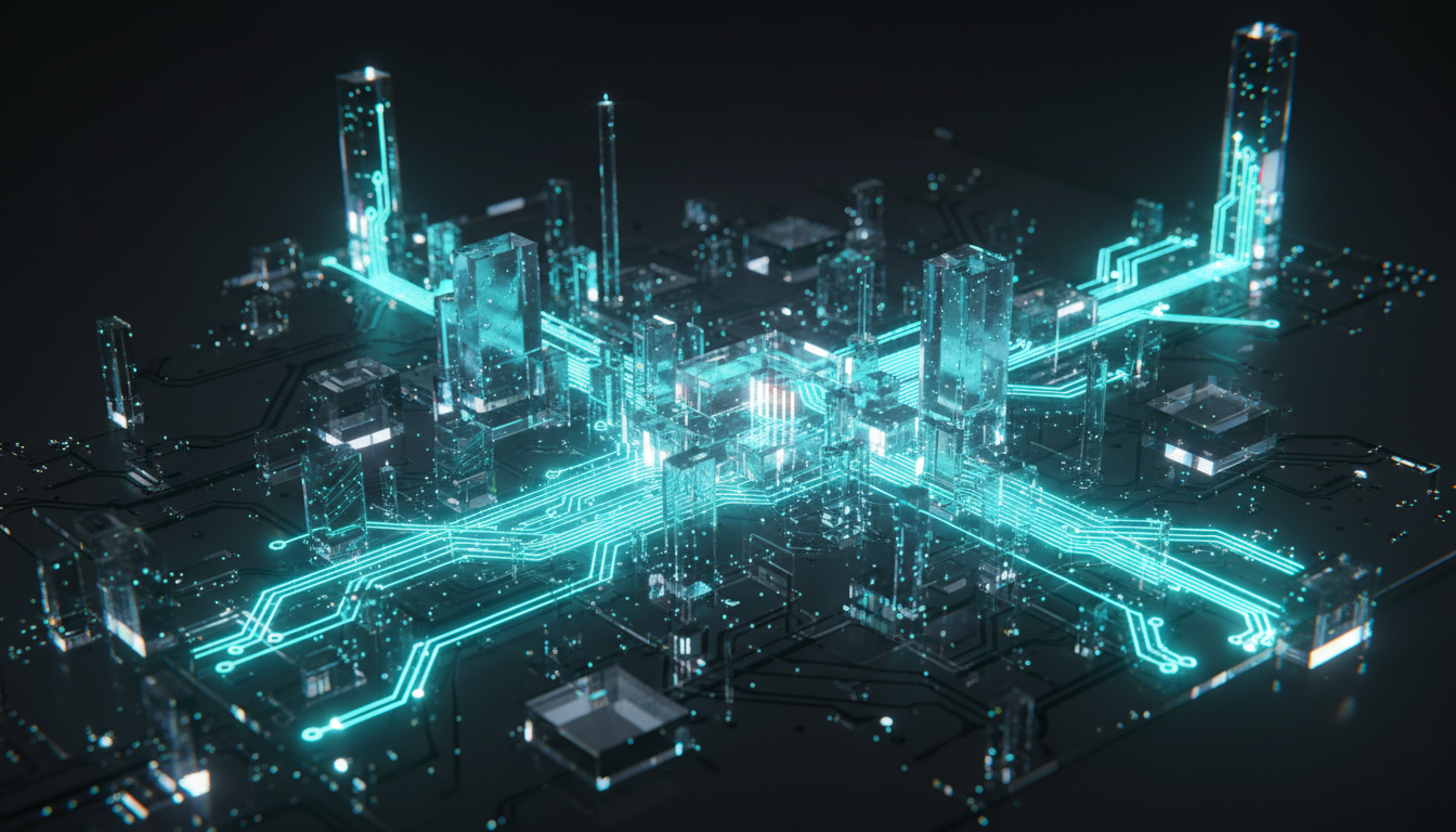 Abstract digital architecture with cyan light refracting through crystalline prisms