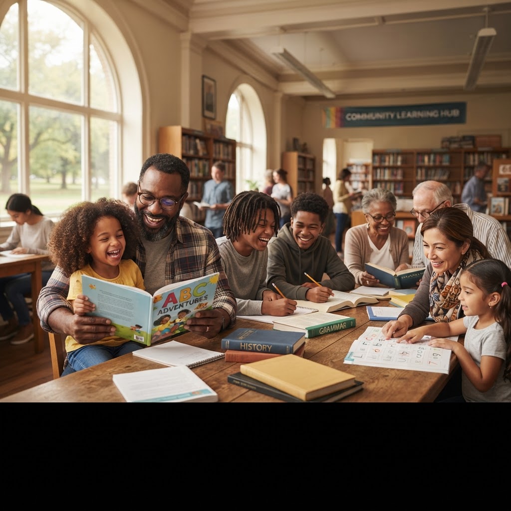 Diverse learners — Black men, Black teen boys, foreign-born learners, children, teens, and adults — learning to read together