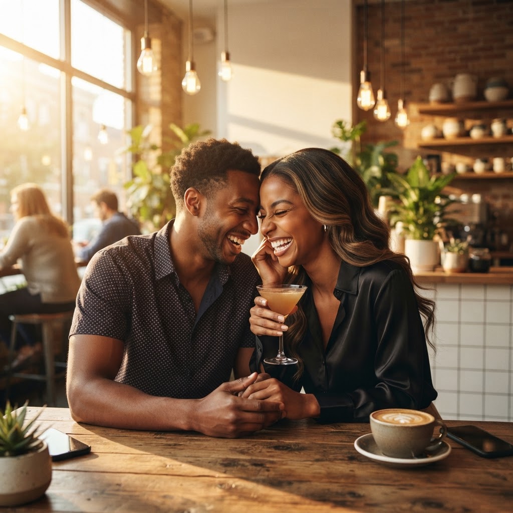 A couple who met on RED FLAGD, laughing together at a coffee shop