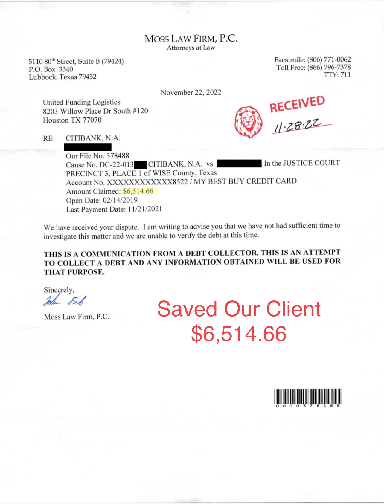 Debt collector response letter