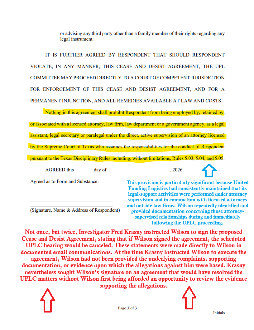 UPLC Cease and Desist Agreement — Page 3 of 3 (annotated: Krasny twice instructed Wilson to sign without producing the underlying complaints)