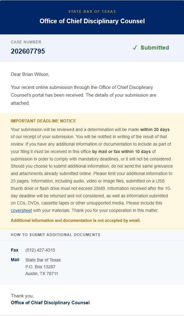 State Bar of Texas Office of Chief Disciplinary Counsel — grievance submission confirmation, Case No. 202607795, Submitted