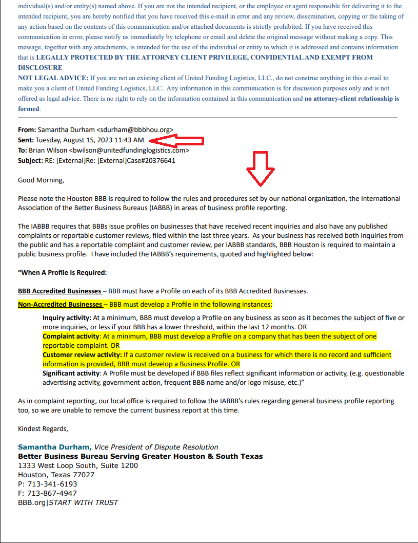 August 15, 2023 email from Samantha Durham to Brian Wilson stating the BBB is required by IABBB to maintain a public business profile
