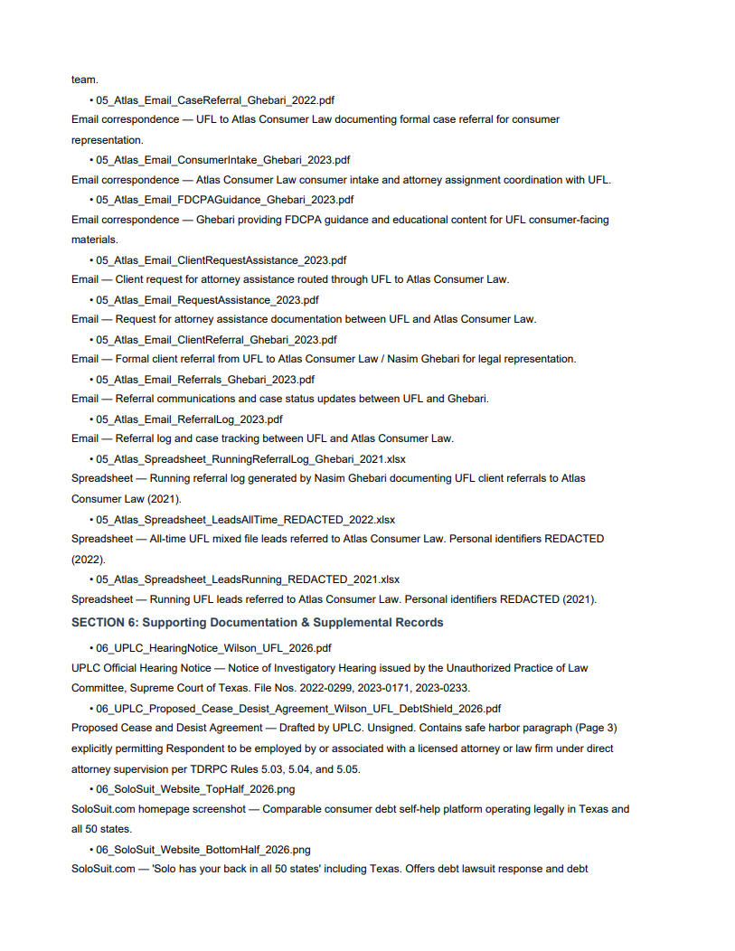 Master Summary of Contents (page 3) — Atlas Consumer Law and Section 6 supporting documentation