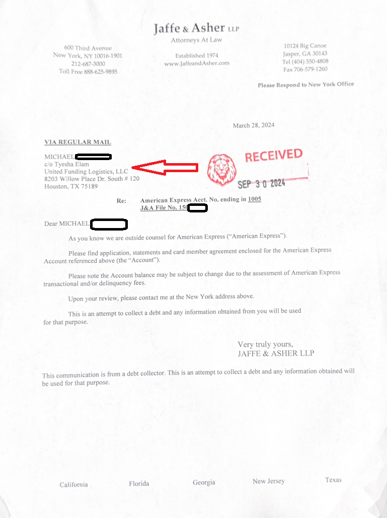 Jaffe & Asher LLP letter — outside counsel for American Express — routed through Tyesha Elam, United Funding Logistics