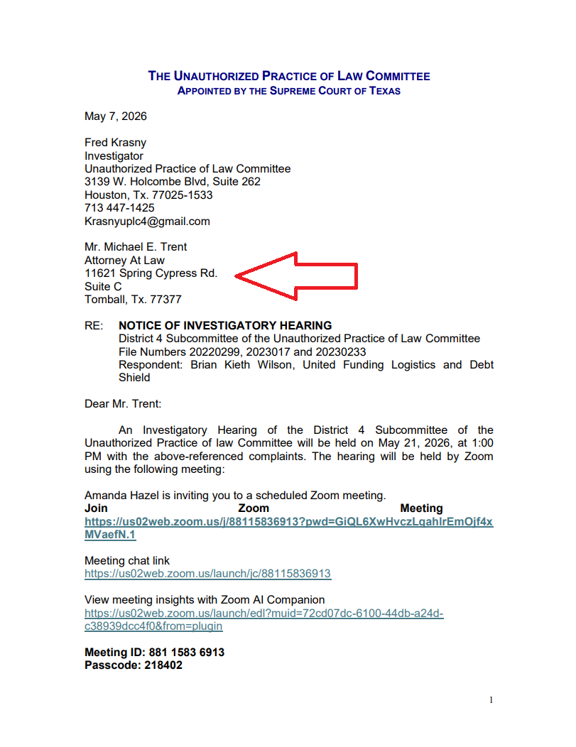 UPLC Notice of Investigatory Hearing to Wilson's attorney Michael E. Trent — page 1, dated May 7, 2026