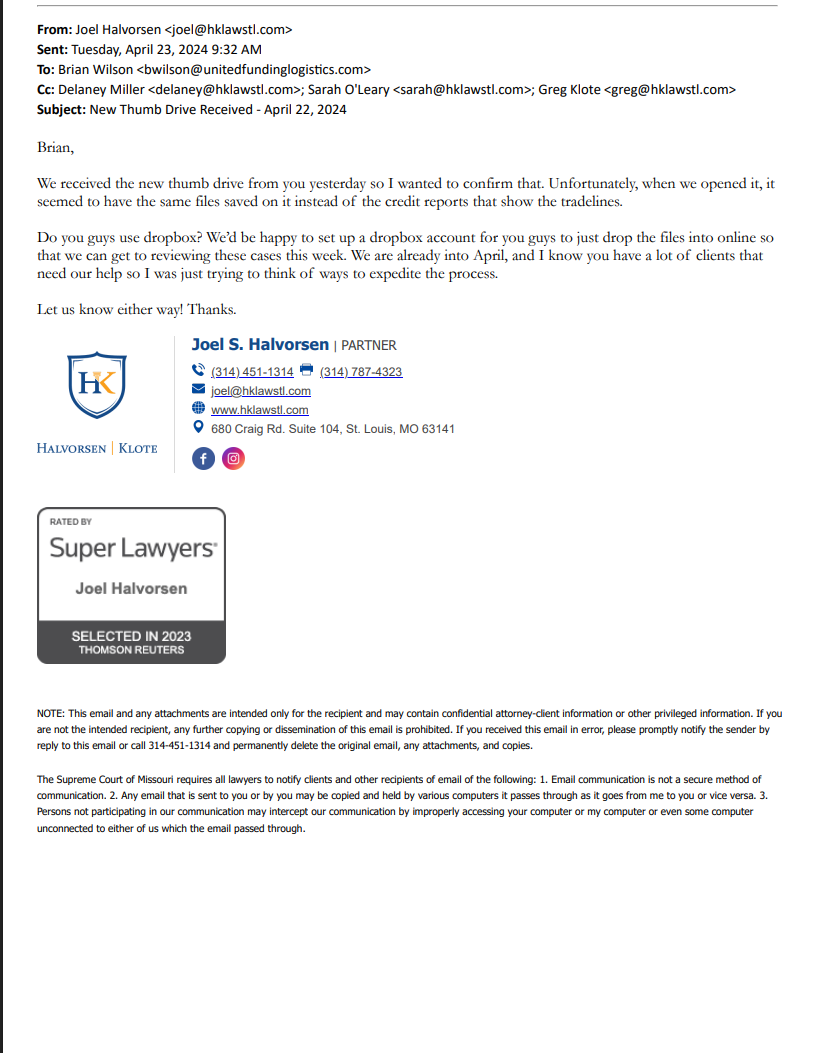 Joel Halvorsen email April 23 2024 — New Thumb Drive Received — confirming receipt and proposing Dropbox for case files