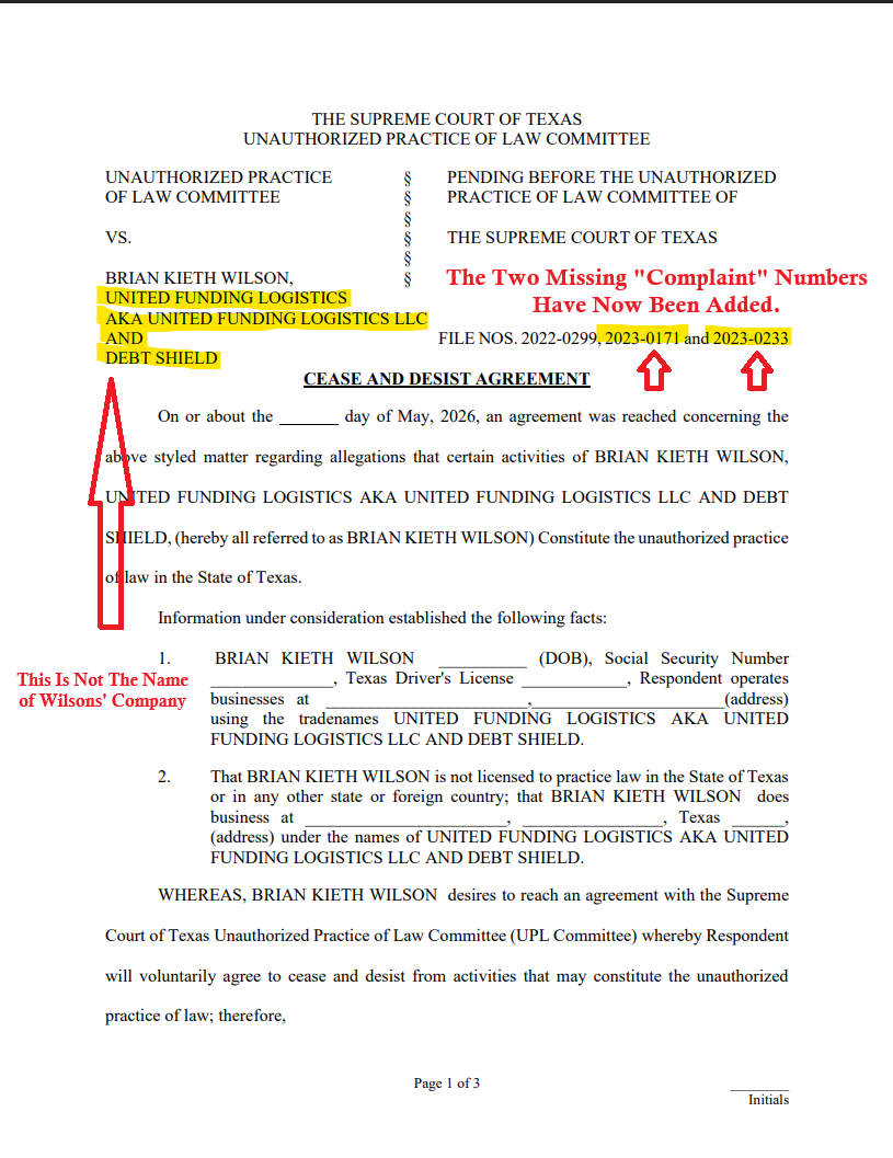 UPLC Cease and Desist Agreement — Page 1 of 3 (annotated: three file numbers added, UFL/Debt Shield company names flagged)