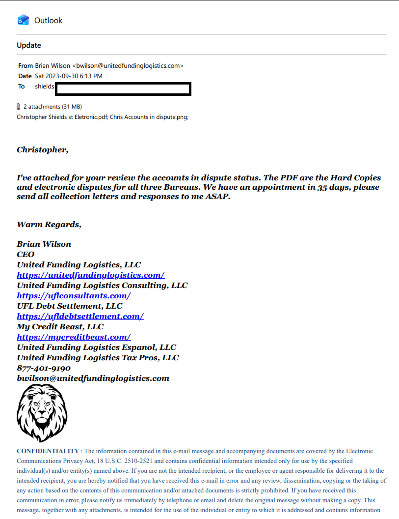 Brian Wilson emails Christopher Shields the dispute package — hard-copy and electronic disputes for all three bureaus, with Shields' email address redacted