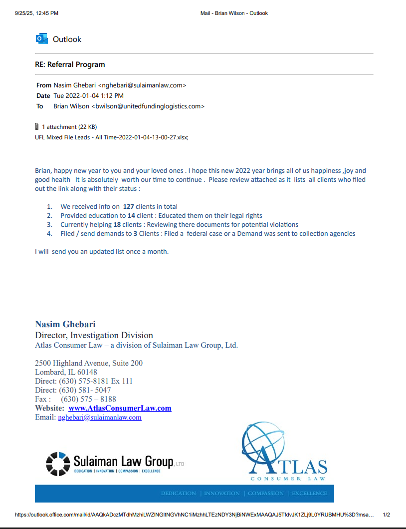 January 4, 2022 reply from Nasim Ghebari, Director of Investigation at Atlas Consumer Law, attaching UFL Mixed File Leads spreadsheet with 127 client statuses