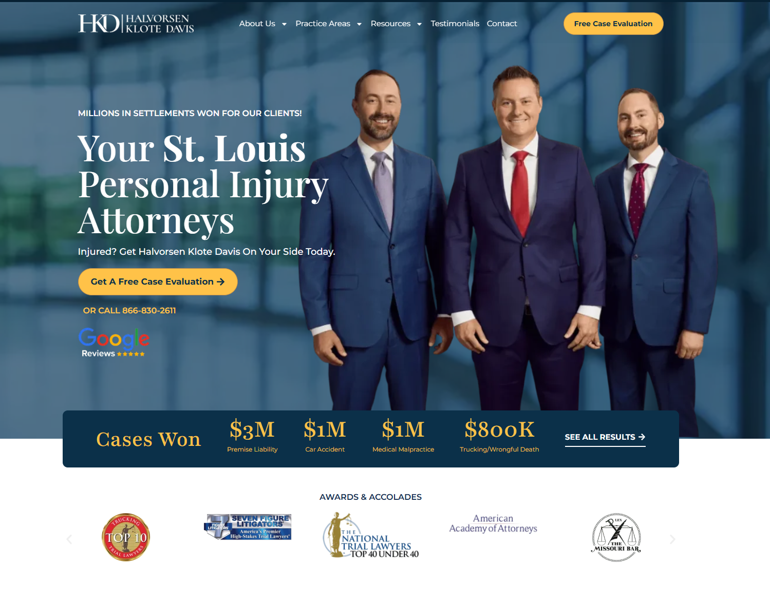 Halvorsen Klote Davis law firm website homepage — 'Your St. Louis Personal Injury Attorneys' with results and awards sections