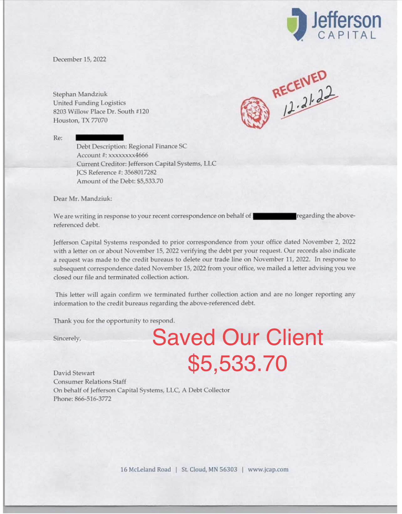 Debt collector response letter