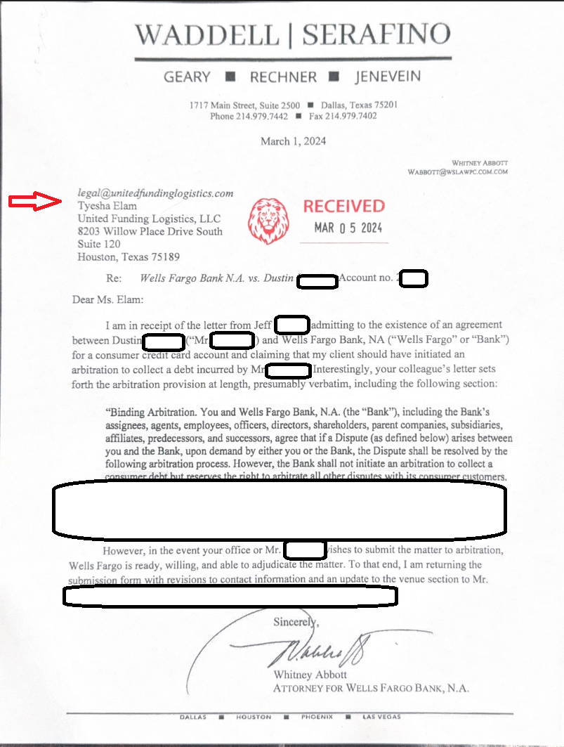 Waddell Serafino letter — outside counsel for Wells Fargo Bank — addressed to legal@unitedfundinglogistics.com, Tyesha Elam