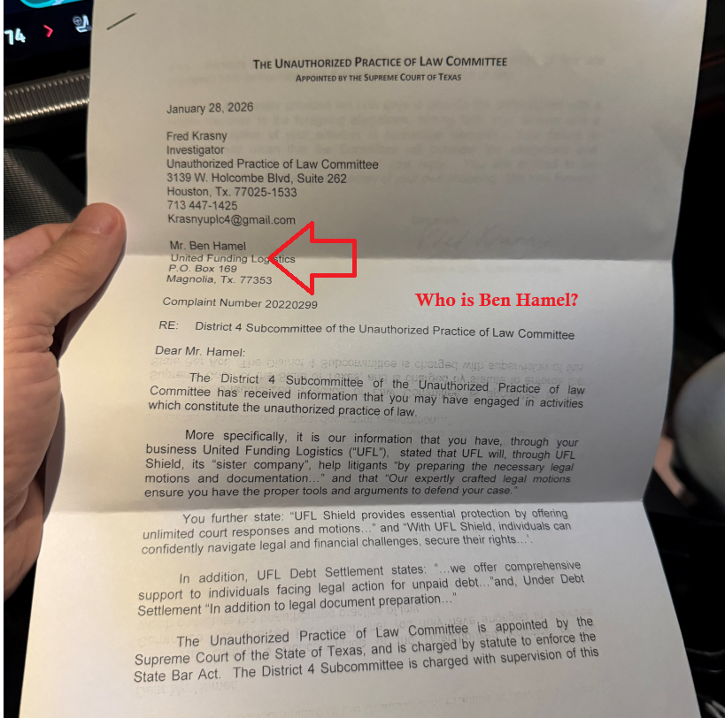 First notice from the UPLC to Mr. Ben Hamel at United Funding Logistics, dated January 28, 2026