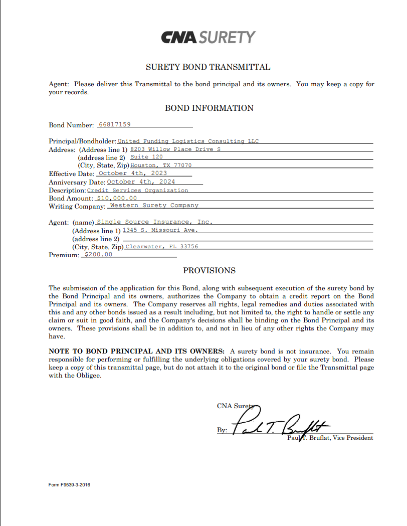 CNA Surety Bond Transmittal for bond 66817159