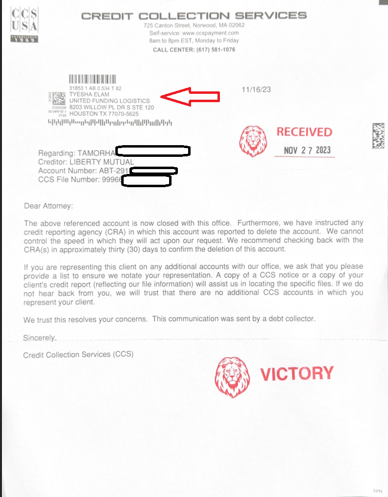 Credit Collection Services (CCS) closure letter addressed to Tyesha Elam, United Funding Logistics, LLC