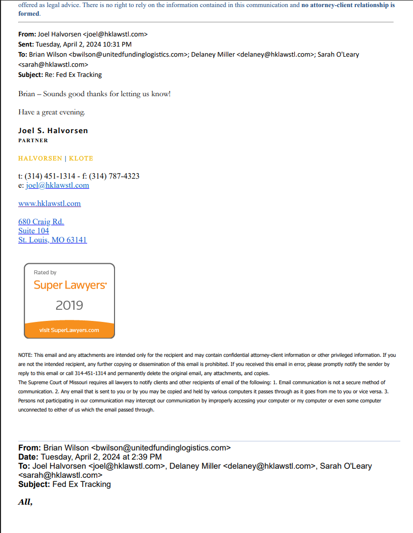 Brian Wilson April 3 2024 email to Halvorsen — sharing Atlas Consumer Law FCRA opt-in link and proposing one for HK law firm