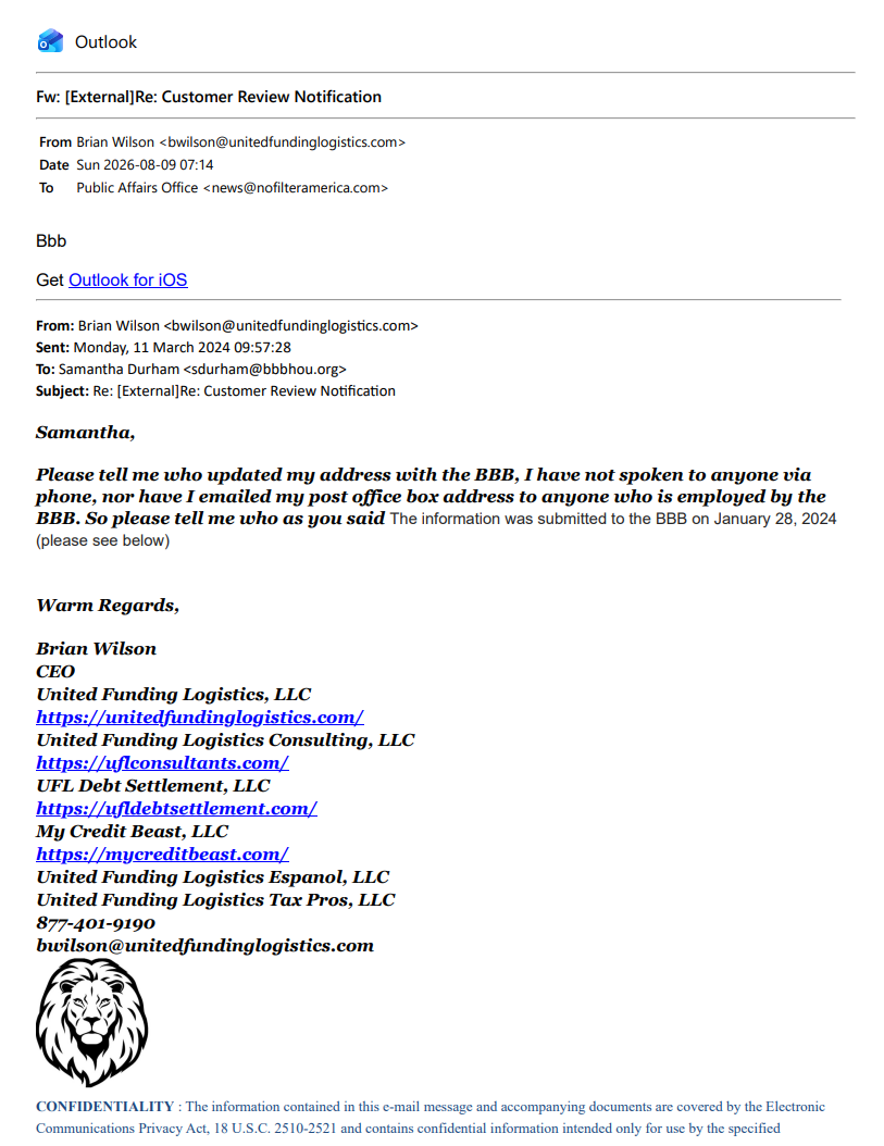 Brian Wilson email to Samantha Durham demanding answers