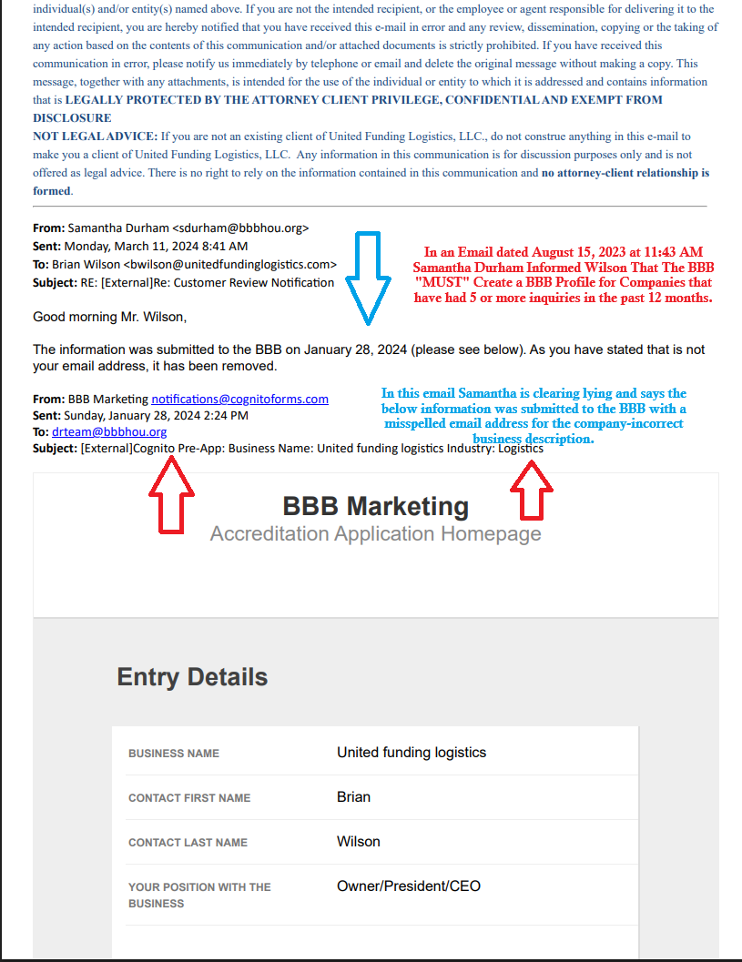 January 28, 2024 Cognito BBB Marketing Accreditation Application form and March 11, 2024 reply from Samantha Durham