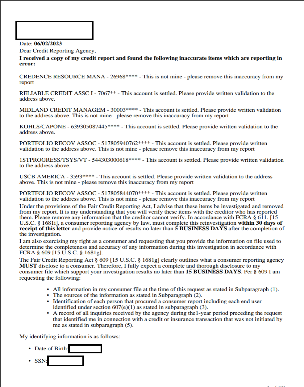 UFL Portal consumer dispute letter listing disputed accounts