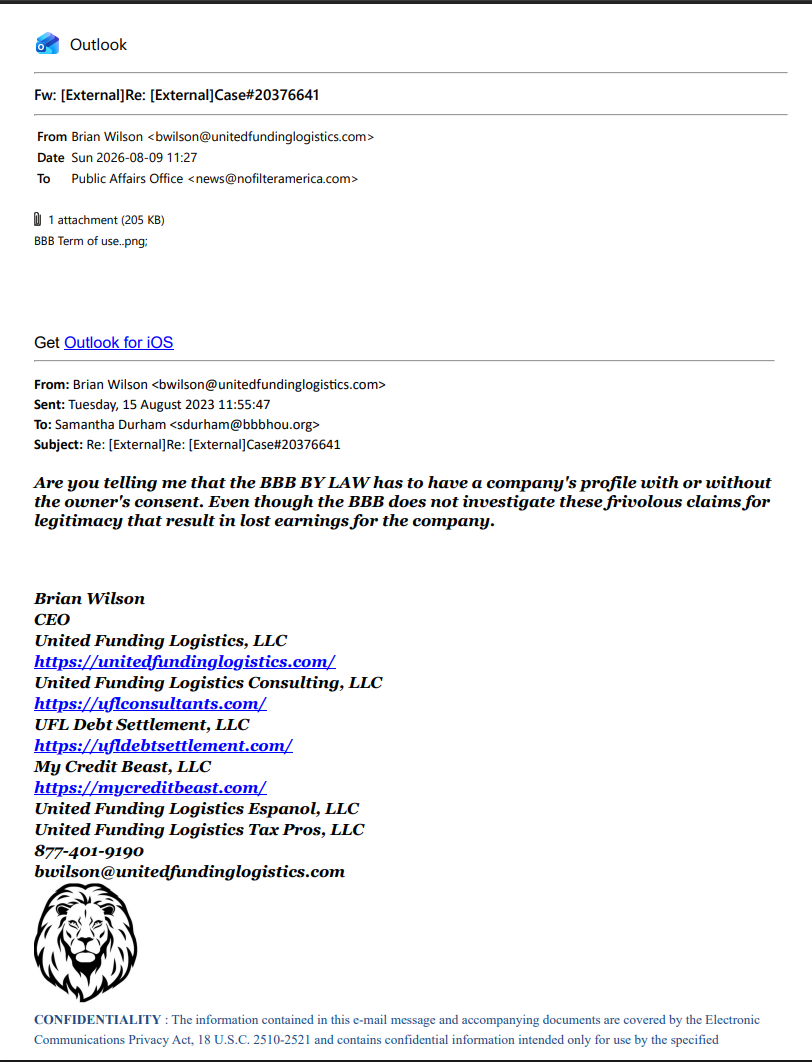 August 15, 2023 reply from Brian Wilson to Samantha Durham questioning mandatory BBB profiles, forwarded to NFA on August 9, 2026