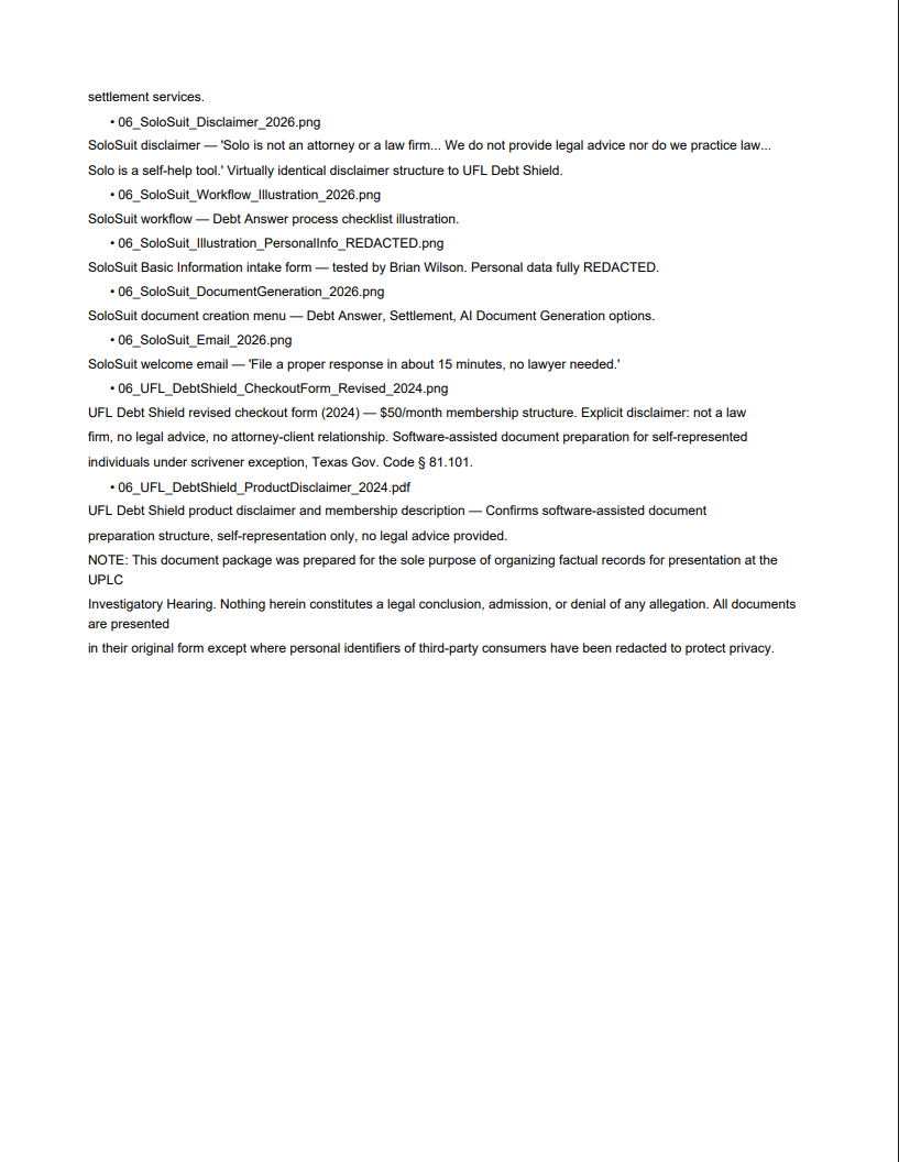 Master Summary of Contents (page 2) — SoloSuit and UFL Debt Shield supporting records