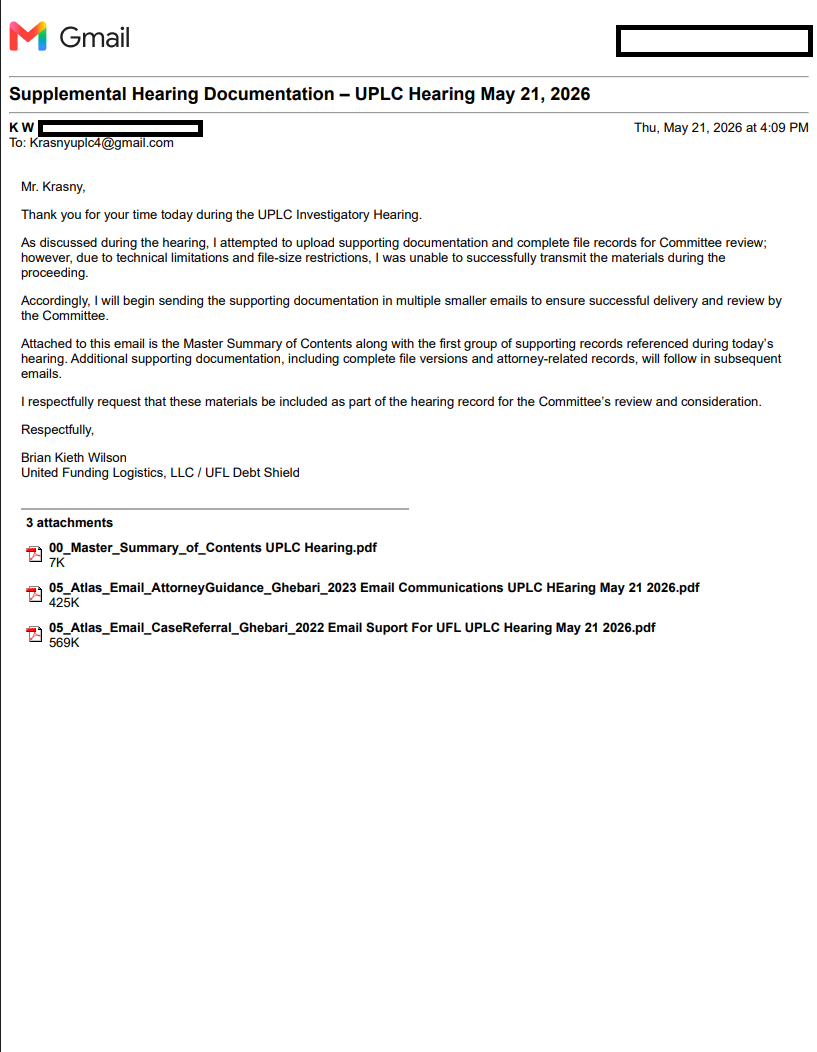 As requested by UPLC, Wilson emails supporting documentation to Krasny — the email with attachments