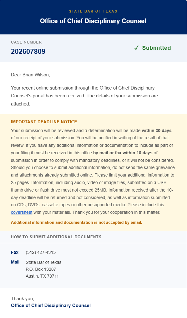State Bar of Texas Office of Chief Disciplinary Counsel — grievance submission confirmation, Case No. 202607809, Submitted August 21, 2026