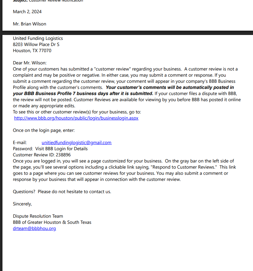 BBB Customer Review Notification sent to fraudulent email
