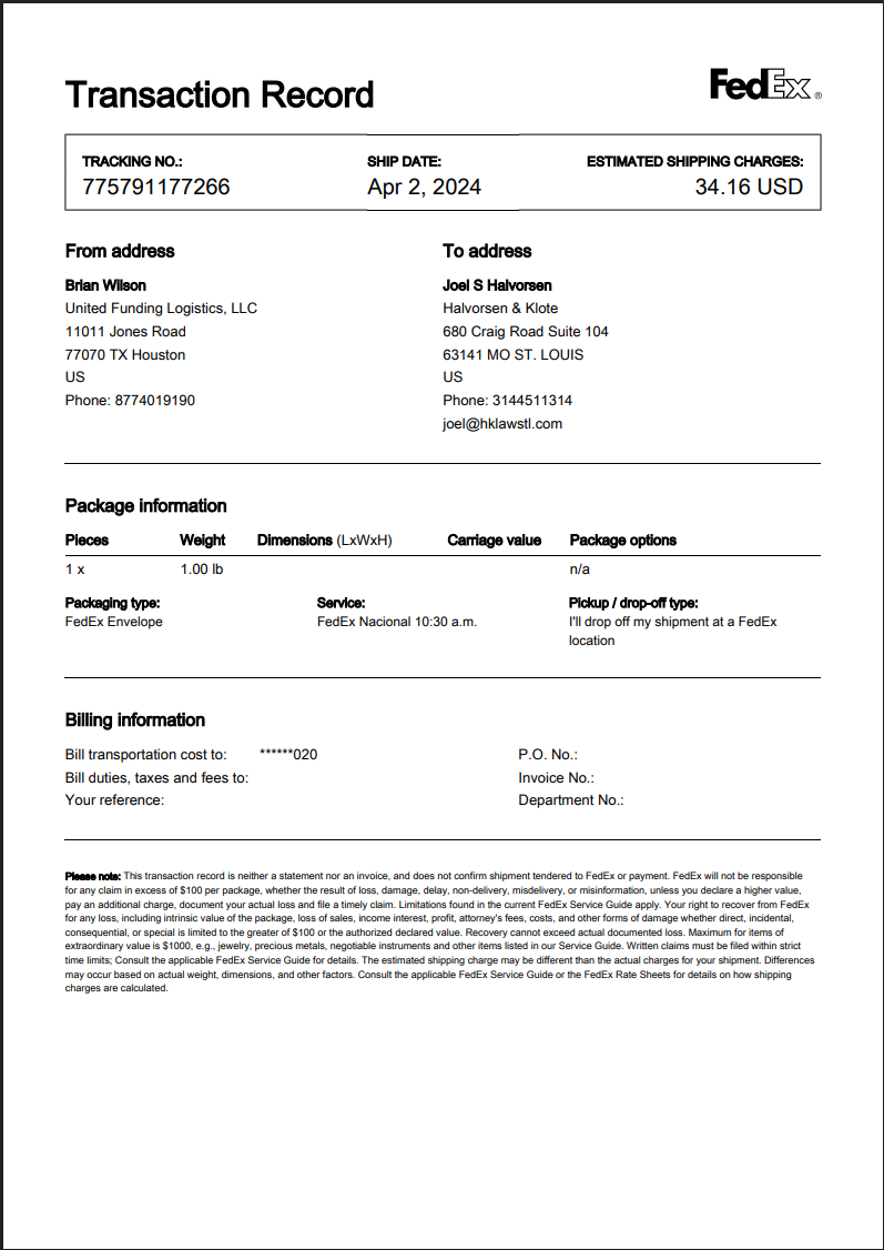 FedEx Transaction Record — Brian Wilson to Joel Halvorsen, Tracking 775791177266, April 2 2024