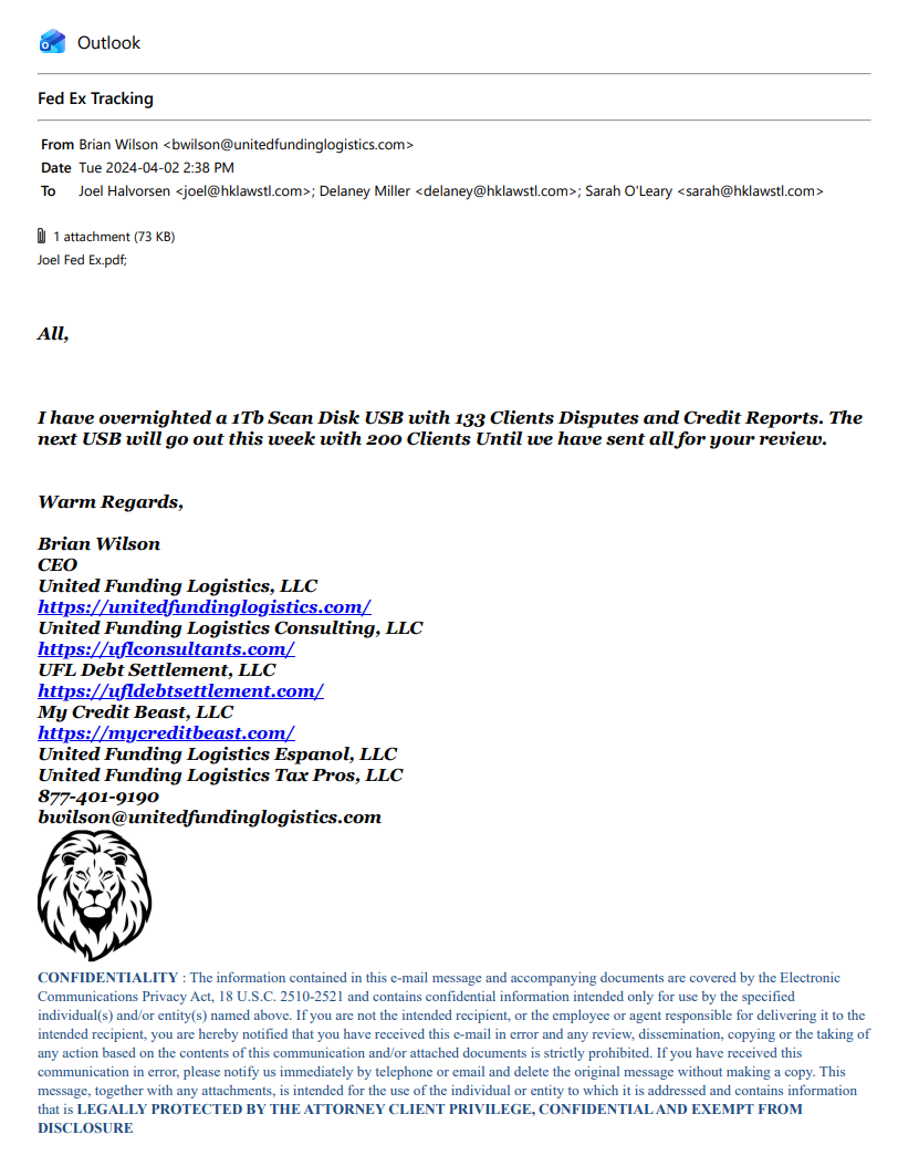 Brian Wilson email to Joel Halvorsen — April 2, 2024 — overnighted a 1TB USB with 133 client disputes and credit reports