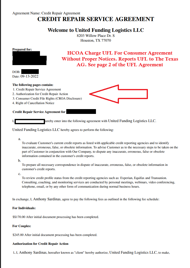 UFL Credit Repair Service Agreement page 1