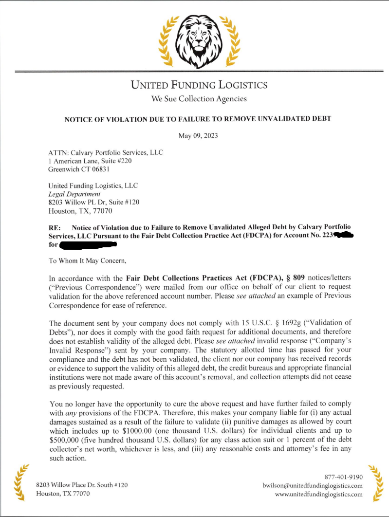 UFL Notice of Violation to Cavalry Portfolio Services — Nimra K. Alexis, page 1