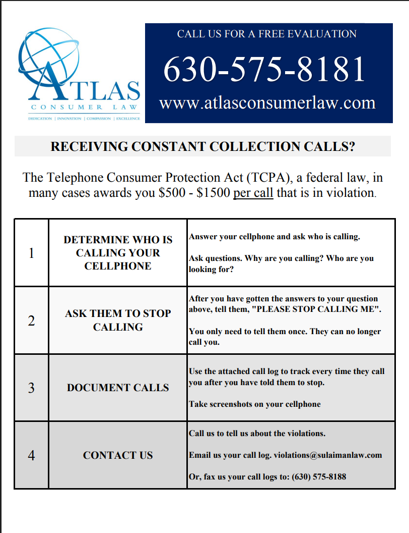 Atlas Consumer Law TCPA collection-call education sheet for UFL clients