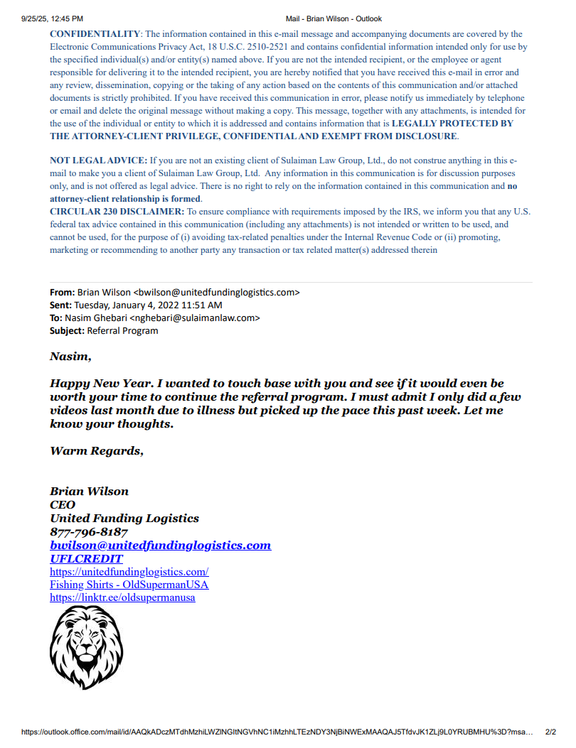 January 4, 2022 email from Brian Wilson to Nasim Ghebari asking whether the Atlas Consumer Law referral program is worth continuing