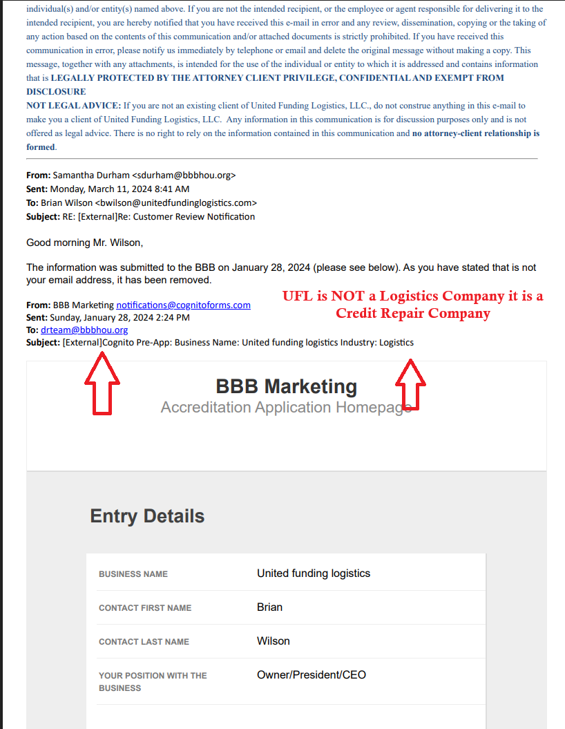 Cognito Forms accreditation submission email from BBB Marketing