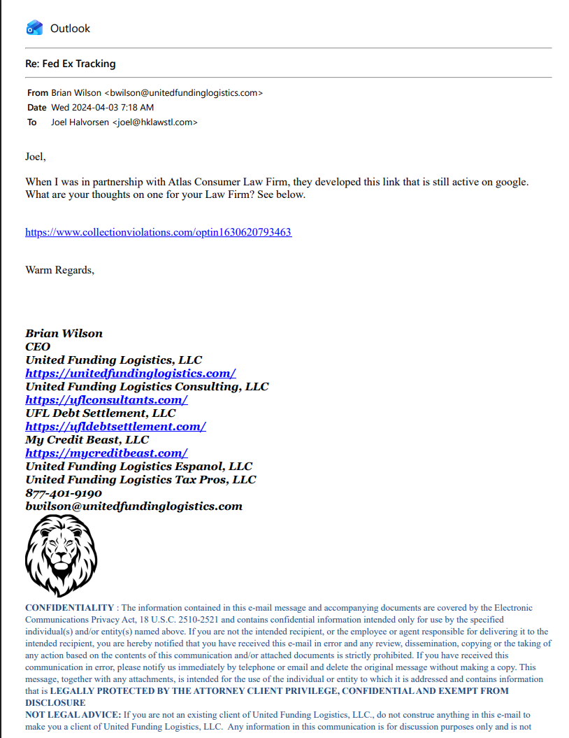 Email from Brian Wilson to Joel Halvorsen regarding the 1-TB drive containing 133 clients' case-file information