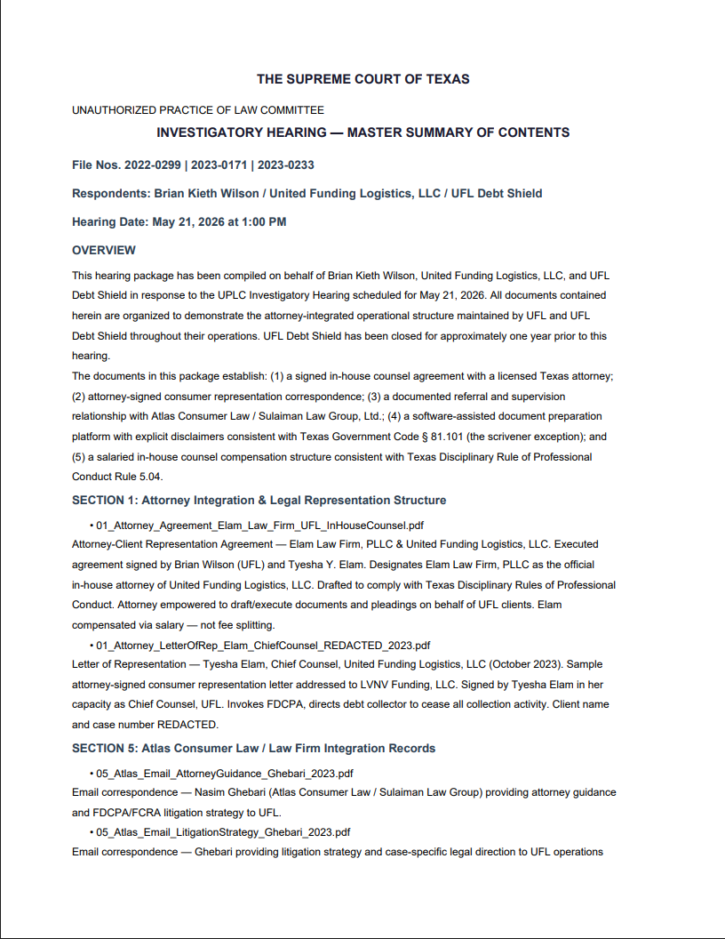 Master Summary of Contents (page 1) — attorney integration and legal representation structure