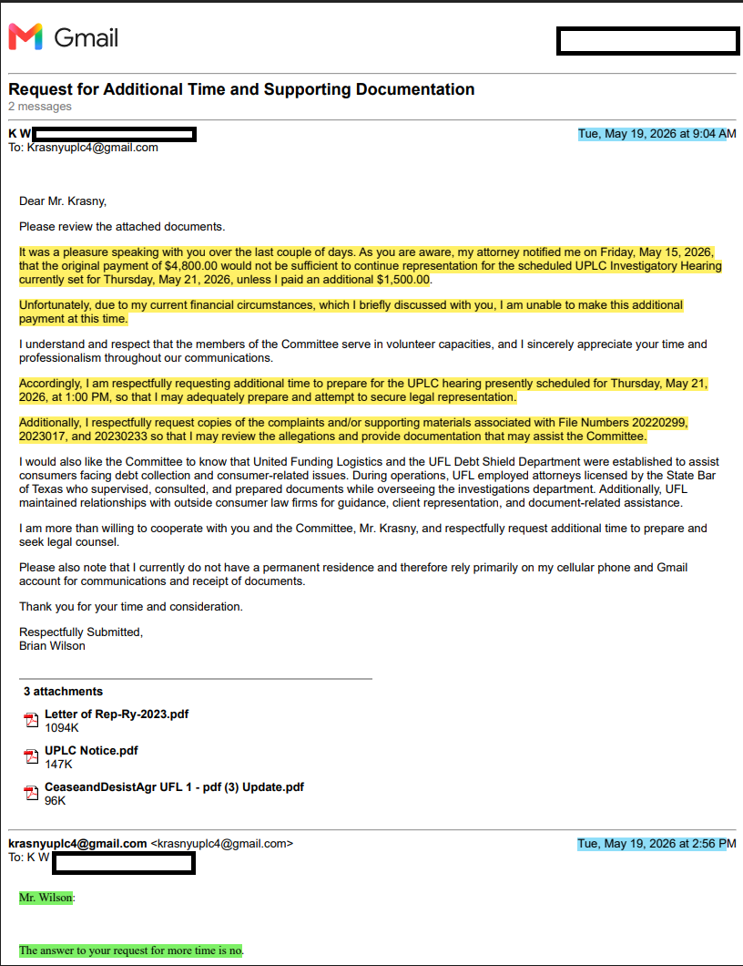 Email from Brian Wilson to Fred Krasny requesting additional time — Page 1