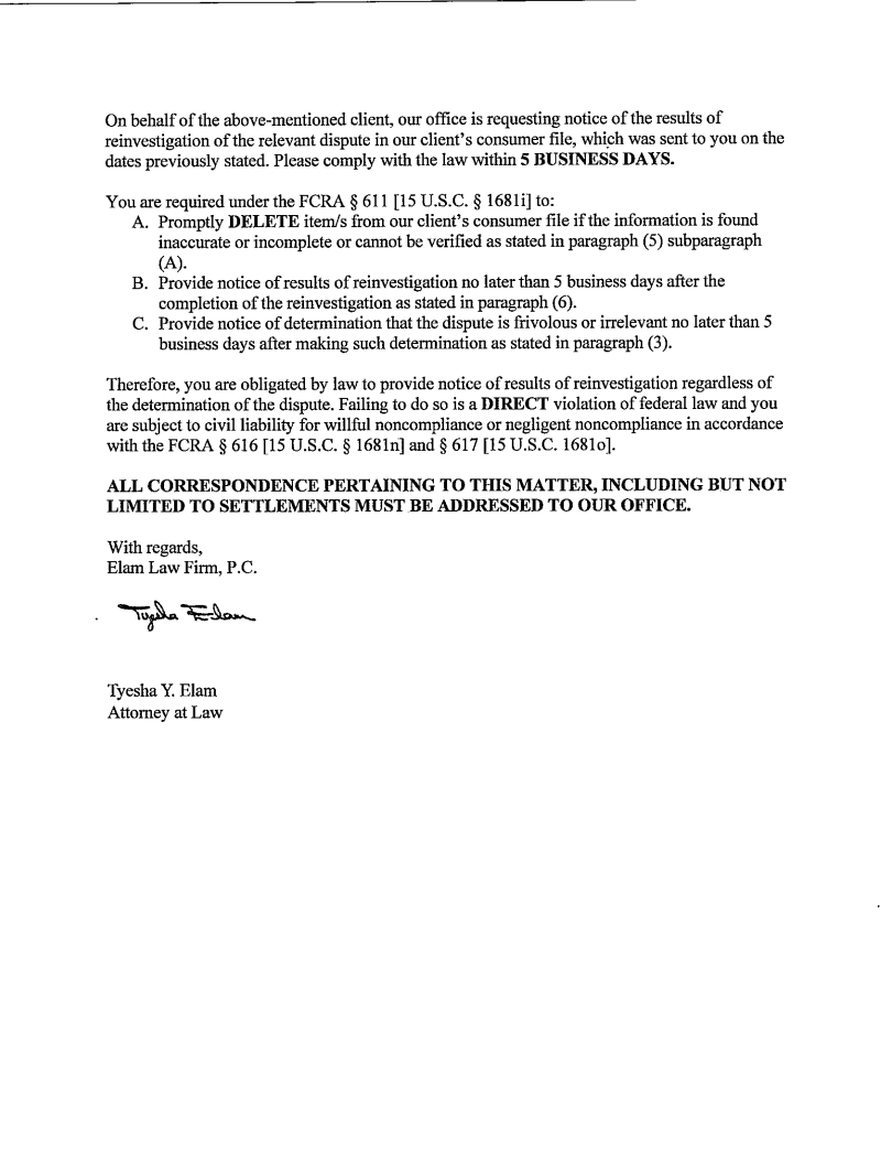 Elam Law Firm FCRA reinvestigation demand — Tyesha Y. Elam, page 2