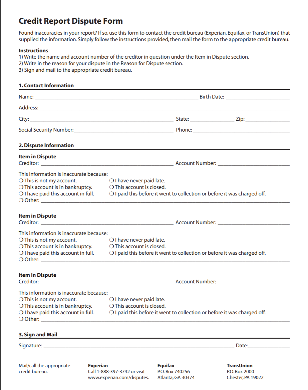 Standard hard-copy Credit Report Dispute Form template