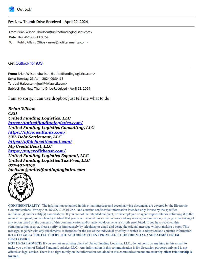 Email from Brian Wilson to Joel Halvorsen regarding the 1-TB drive holding 133 clients' information